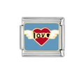 Dettaglio maglia charm italiana con smalto blu, cuore alato e scritta love - Cuore d'Amore con Ali (HA-291)