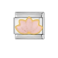 Italian modular charm link in stainless steel featuring a pink lotus with gold trim - Gold Rim Pink Lotus Style (HA-125)