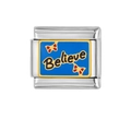 Bracciale modulare italiano in acciaio inossidabile argento con smalto blu e testo Believe - Stile Farfalla Believe (HA-140)