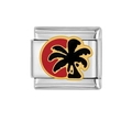 Italian charm bracelet link in stainless steel with black coconut tree and red sun enamel - Black Coconut Tree and Red Sun Style (HA-133)