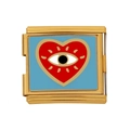 Charm modulaire plaqué or avec cœur rouge et détail en émail bleu œil maléfique - Motif Mauvais Œil (HB-4)