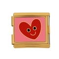 Italienisches Charm-Glied mit rosa Emaille und rotem Smiley-Herz in Gold-Finish - Lächelndes Gesicht Herzmuster (HB-7)