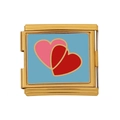 Italienischer Charm-Link mit rosa und roten Emaille-Herzen auf vergoldetem Edelstahl - Überlappende Doppelte Herzen (HB-8)