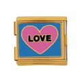 Goldenes Armband-Modul mit blauem Emaille-Hintergrund und rosa LOVE-Herz-Anhänger - LOVE Text Blauer Hintergrund Herz (HB-11)