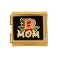 Italienisches Armband-Element mit rosa Rose und MOM-Schriftzug auf goldfarbenem Stahl - MOM Rosenmuster (HB-14)