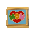 Italienischer Modular-Charm in Gold mit blauem MOM-Herz-Design für DIY-Armbänder - Buntes MOM Textmuster (HB-15)