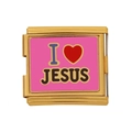 Italienisches Charm-Armband-Glied in Gold mit rosa Emaille und I Love Jesus Design - I LOVE JESUS Muster (HB-16)