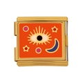 Vergoldetes Edelstahl-Charm mit orangefarbenem Emaille-Auge und Mondmuster - Böser Blick Kombination Muster (HB-20)