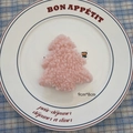 Pink curly plush Christmas tree ornament 9x8cm on white ceramic plate with blue background - Christmas Tree A-01