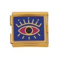 Goldenes Glied für modulares Armband mit blauem Emaille-Auge und rosa Details - Blauer Hintergrund Böser Blick Muster (HB-22)