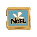 Italienischer Armband-Link mit Noel-Schriftzug und Blumenmuster in Gold und Blau - NOEL Schneeflockenmuster (HB-26)