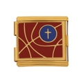 Modulares Edelstahl-Charm-Glied in Gold mit tiefroter Emaille und blauem Kreuzdetail - Roter Hintergrund Kreuz (HB-29)