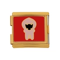 Italienisches Charm-Modul mit pinkfarbenem Monster auf roter Emaille und Gold - Roter Hintergrund Kleines Monster (HB-31)