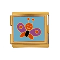 Italienisches Charm-Glied mit lila und orangefarbenem Schmetterling in Goldoptik - Blauer Hintergrund Lächelnder Schmetterling (HB-42)