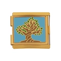 Italienisches Charm-Armband-Glied in Gold mit blauem Emaille-Lebensbaum-Motiv - Lebensbaum Muster (HB-44)