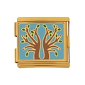 Goldenes modulares Armband-Element mit hellblauer Emaille und braunem Baum-Muster - Symmetrischer Waldbaum (HB-46)
