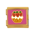 Italienisches Charm-Armband-Glied mit goldenem Rahmen und Erdbeer-Cupcake-Motiv - Erdbeerkuchen Muster (HB-48)