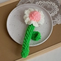 Handmade crochet pink and white daisy flower accessory with green stem in a ceramic dish - Ornament / Finished Flower / Pink