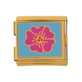 Italienisches Charm-Glied aus goldenem Edelstahl mit blauem Emaille und Blumenmuster - Rosa Fünfblättrige Blume (HB-50)