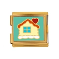 Italienischer Modul-Charm in Gold-Optik mit blauem Haus und rotem Herz-Emaille - Herz Haus Muster (HB-53)