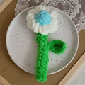 Handmade crochet white daisy flower with blue center and green stem for home decoration - Blue