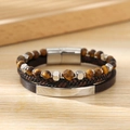 Men's handmade tiger eye bead and microfiber leather braided bracelet with metal magnetic clasp - Coffee (Silver Buckle+Tiger Eye)