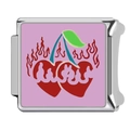 Italienischer Charm-Anhänger mit Kirschherz und Flamme auf lila Emaille-Edelstahl - Flamme Herz Kirschmuster(HA-330)