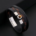 Macro shot of men's leather bracelet with Tiger Eye stone and steel magnetic clasp - Black & Silver Style