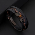 Macro shot of men's leather braided bracelet with tiger eye stone and magnetic clasp - Black/Black Style