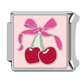 Italienisches Modul-Armbandelement aus Silberstahl mit Kirschen und rosa Schleife - Rosa Schleife Kirschmuster(HA-328)