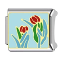 Italian charm link with red tulips in colored enamel on stainless steel base - Red Tulip Style (HA-351)