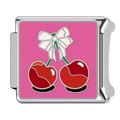 Rosafarbenes Emaille-Charm mit roten Kirschen und weißer Schleife auf Edelstahl-Glied - Rosa Basis Weiß Schleife Kirsche(HA-331)