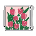 Italian charm link with pink background and red tulips pattern in stainless steel - HA-356