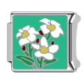Italian style charm link in stainless steel with white flower pattern on green background - HA-357