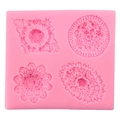 Pink silicone mold with four intricate lace flower patterns for fondant and baking - 10.9*10*1.4cm