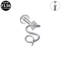 Detailed macro view of F136 titanium snake labret with internal thread and zircons - Silver Snake