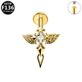 Macro detail of G23 titanium winged cross cartilage stud with internal threading - Gold Winged Cross