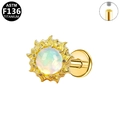 Detail of G23 titanium sun stud earring with opal stone and internal thread structure - Gold Sun Opal Style (G23LAI901-G1208135)