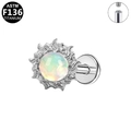 Detail view of G23 titanium labret stud with white fire opal and internal thread design - Silver Sun Opal Style (G23LAI901-S1208130)