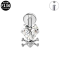 Vista detallada del piercing labret de titanio ASTM F136 con circonita de corazón y cráneo - Estilo Corazón Calavera Plateada (G23LAI895-S1208110)