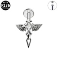 Close-up of ASTM F136 titanium winged cross piercing with internal thread detail - Silver Winged Cross