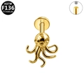 Macrodetail van octopus labret-stud in G23 titanium met intern schroefdraadontwerp - Gouden Octopus Stijl (G23LAI896-G1208105)