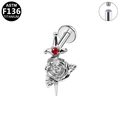 Detailed macro view of G23 titanium rose and sword ear stud with red zircon stone - Silver Rose Dagger