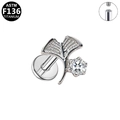 Detail of G23 titanium labret stud featuring a zircon leaf design and internal threading - Silver Ginkgo Leaf Style (G23LAI902-S1208100)