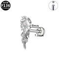 G23 titanium feather earring with diamond zircon and 1.2mm labret stud bar - Silver Leaf Style (G23LAI805-S1208135)