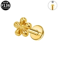 Detail of G23 titanium flower labret stud with internal thread and flat back design - Golden Flower Style (G23LAI1067-G1208055)