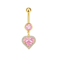 Detailed view of a gold belly ring featuring a pink heart zircon and pave set diamonds - Pave Pink Heart Style (BR25091116-G) / Gold