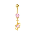 Dettaglio del piercing all'ombelico dorato con zircone rosa a cuore e stella - Stile Dorato Pianeta Rosa (BR25071407-G)