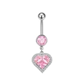 Macro view of silver belly ring with round pink gem and halo-set heart-shaped crystal - Pave Pink Heart Style (BR25091116-S) / Silver