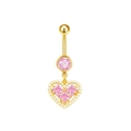 Detailed view of a golden belly ring featuring a pink gem and pearl-lined heart pendant - Pearl Border Pink Heart (BR25091117-G) / Gold